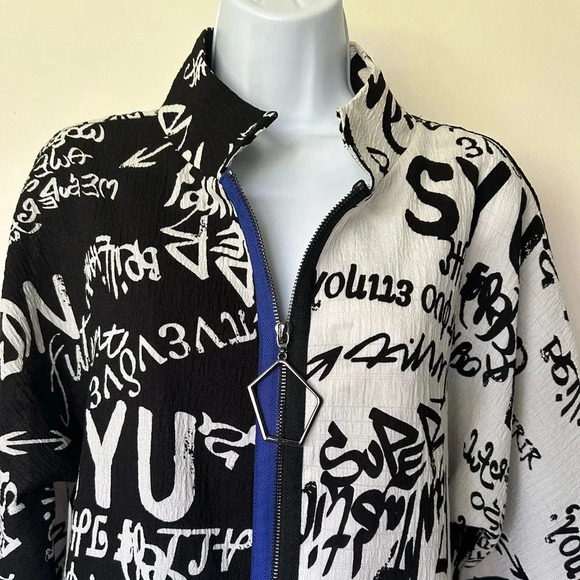 IC Connie K black white typography print front zip jacket 3/4 sleeves S - Picture 6 of 10